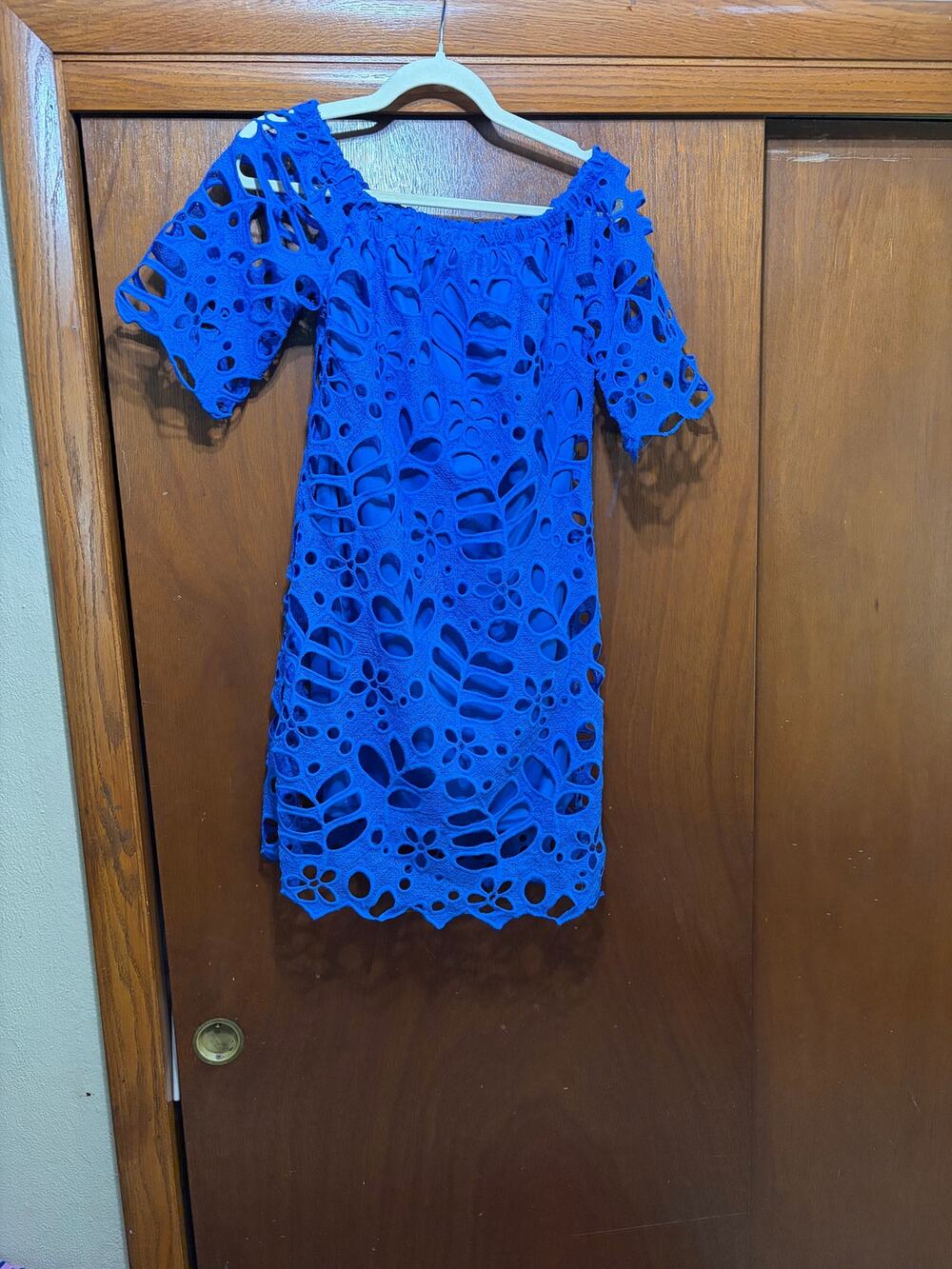 PrettyGarden Blue Eyelet Lace Off Shoulder Dress NWT Size Small